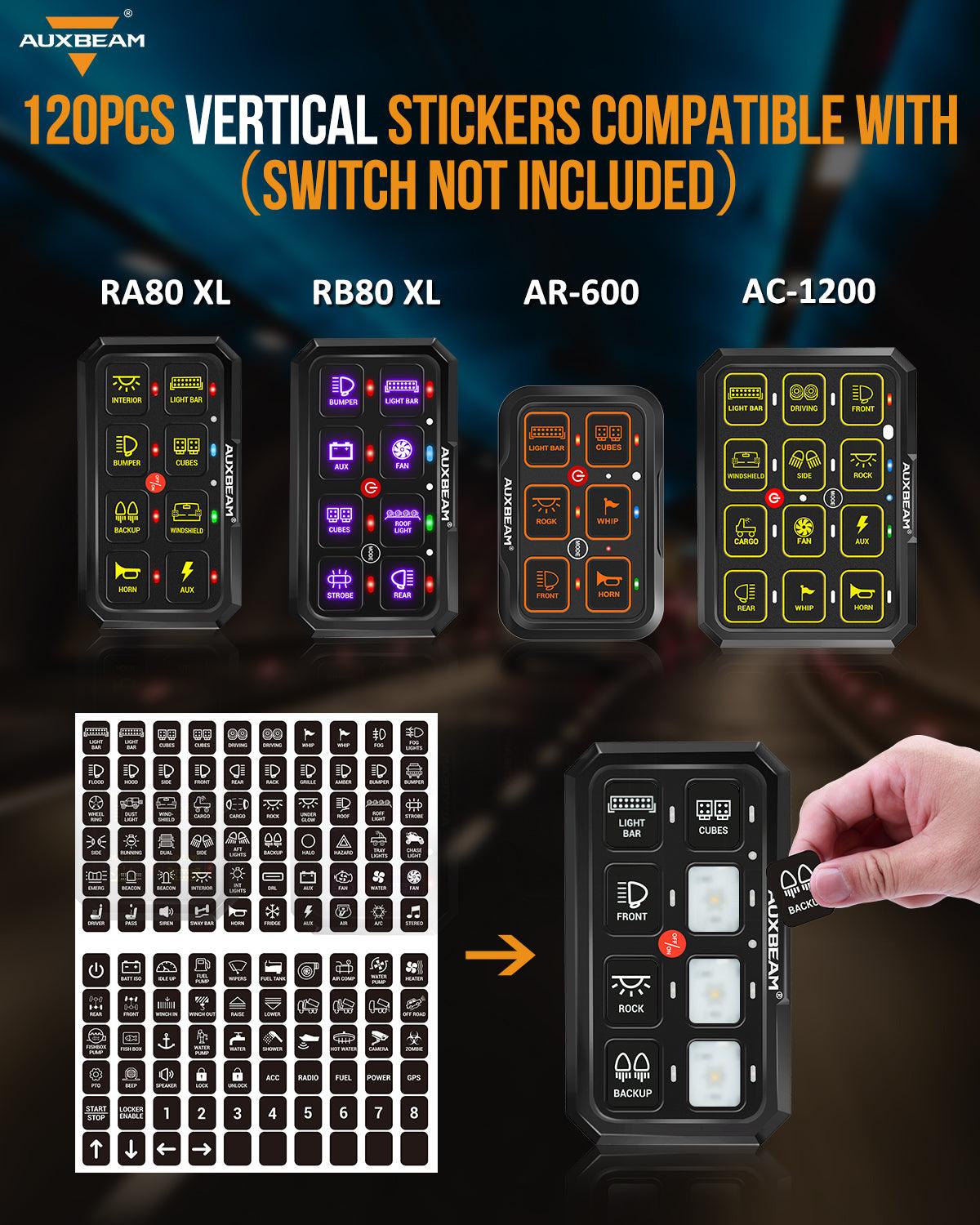 Auxbeam 120 Universal Stickers – For AC-1200 / AR-600 / RA80 XL / RB80 XL Switch Panels