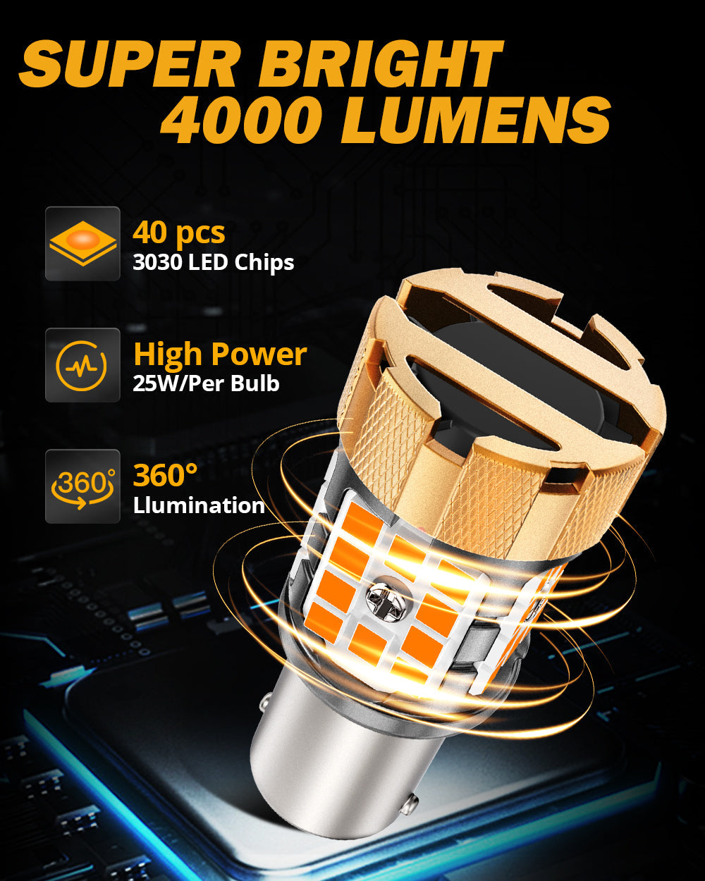 Auxbeam BAU15S / 7507 LED Turn Signal Bulbs – B21-PRO Series, Front/Rear & Side Marker Lights, 50W, 4000LM, 3000K Amber, CAN-Bus Error-Free (2 Pack)