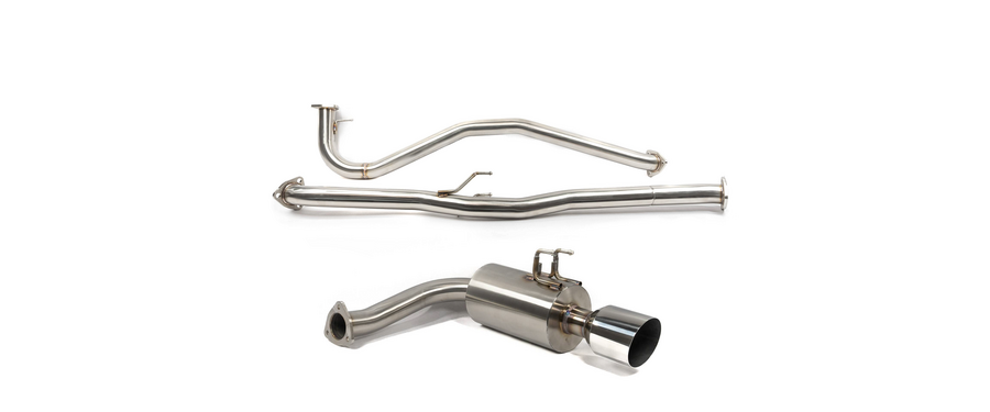 A stainless steel frontpipe back exhaust system for 2022+ Honda Civic Si and 2023+ Acura Integra 1.5T, featuring dual-tip setup.
