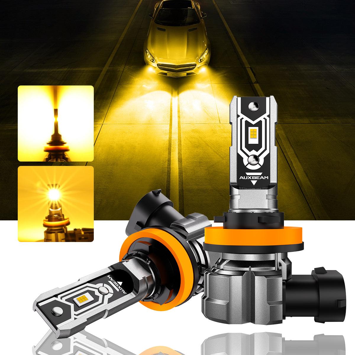 Auxbeam H11 / H9 / H8 / H16JP LED Fog Light & DRL Bulbs – Q5 Series, 50W, 10,000LM, 3000K Amber Yellow (2 Pack)