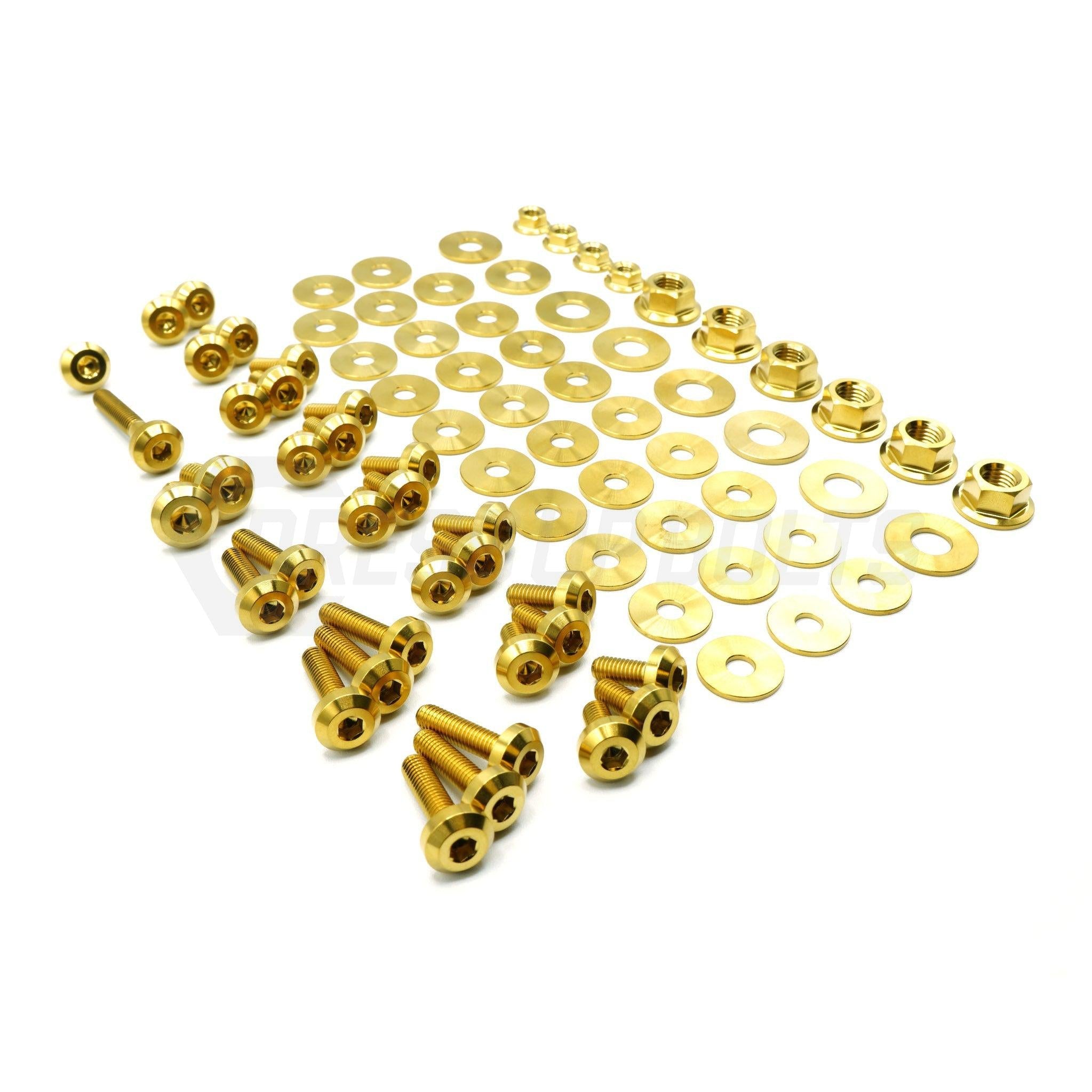 Stage 2 engine bay kit laid out with titanium bolts and washers