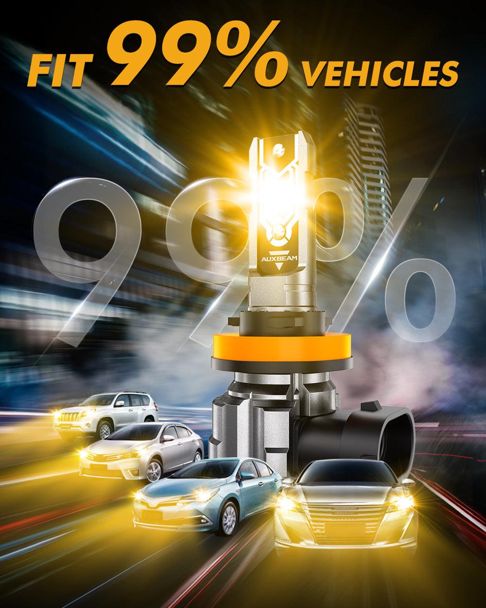 Auxbeam H11 / H9 / H8 / H16JP LED Fog Light & DRL Bulbs – Q5 Series, 50W, 10,000LM, 3000K Amber Yellow (2 Pack)