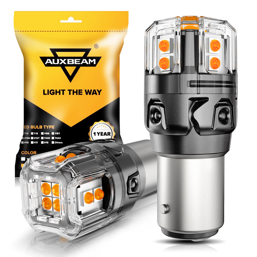 Auxbeam 1157 BAY15D LED Turn Signal Bulbs – B52 Series, Front/Rear & Side Marker Lights, 13W, 500% Brighter, 3000K Amber, CAN-Bus Error-Free (2 Pack)
