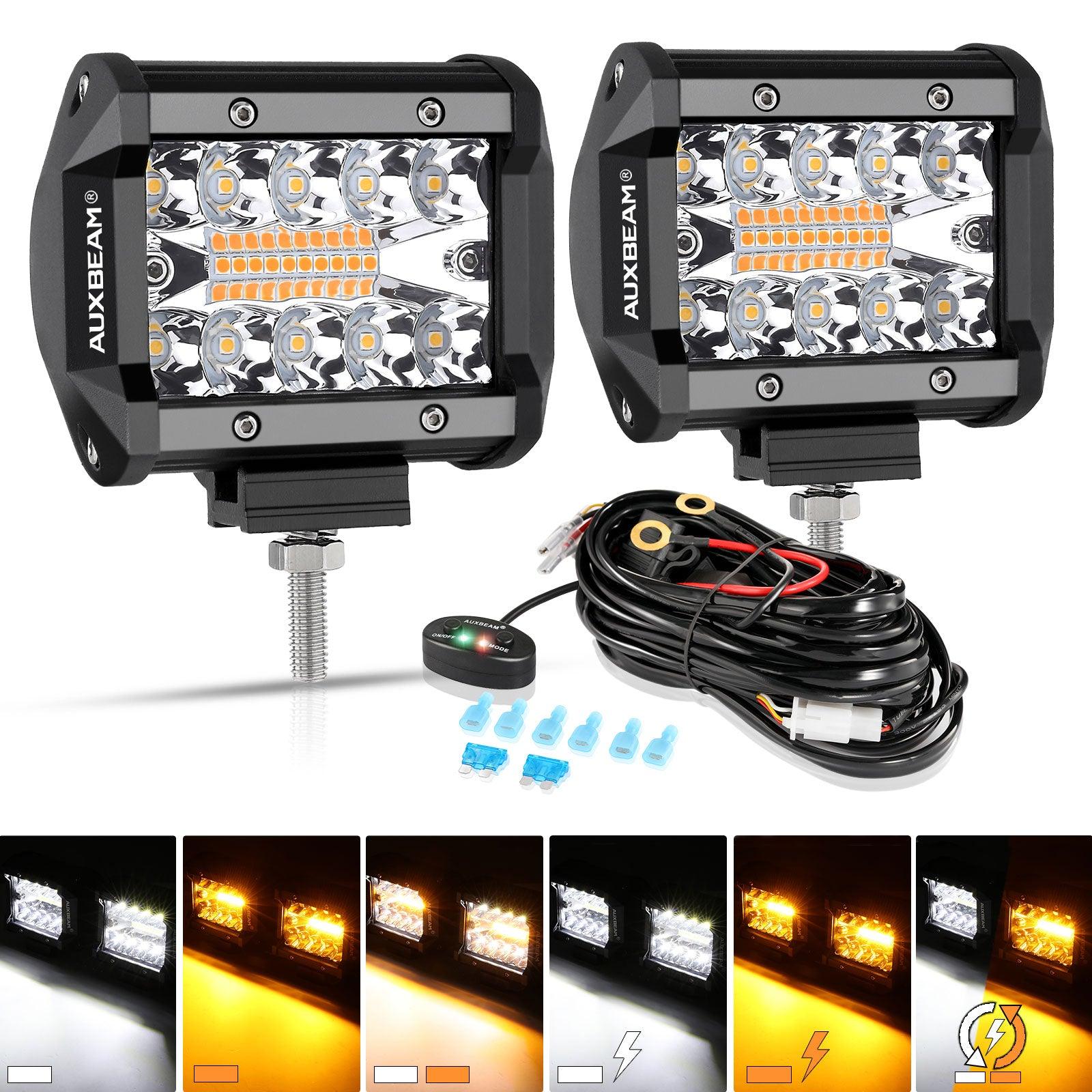 Auxbeam 4" LED Light Pods – White & Amber, 6 Modes, Wiring Harness Included (2-Pack)