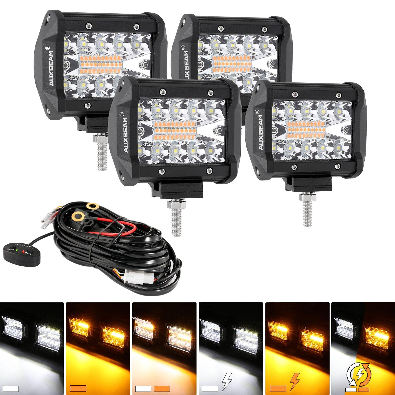 Auxbeam 4" LED Light Pods – White & Amber, 6 Modes, Wiring Harness Included (2-Pack)