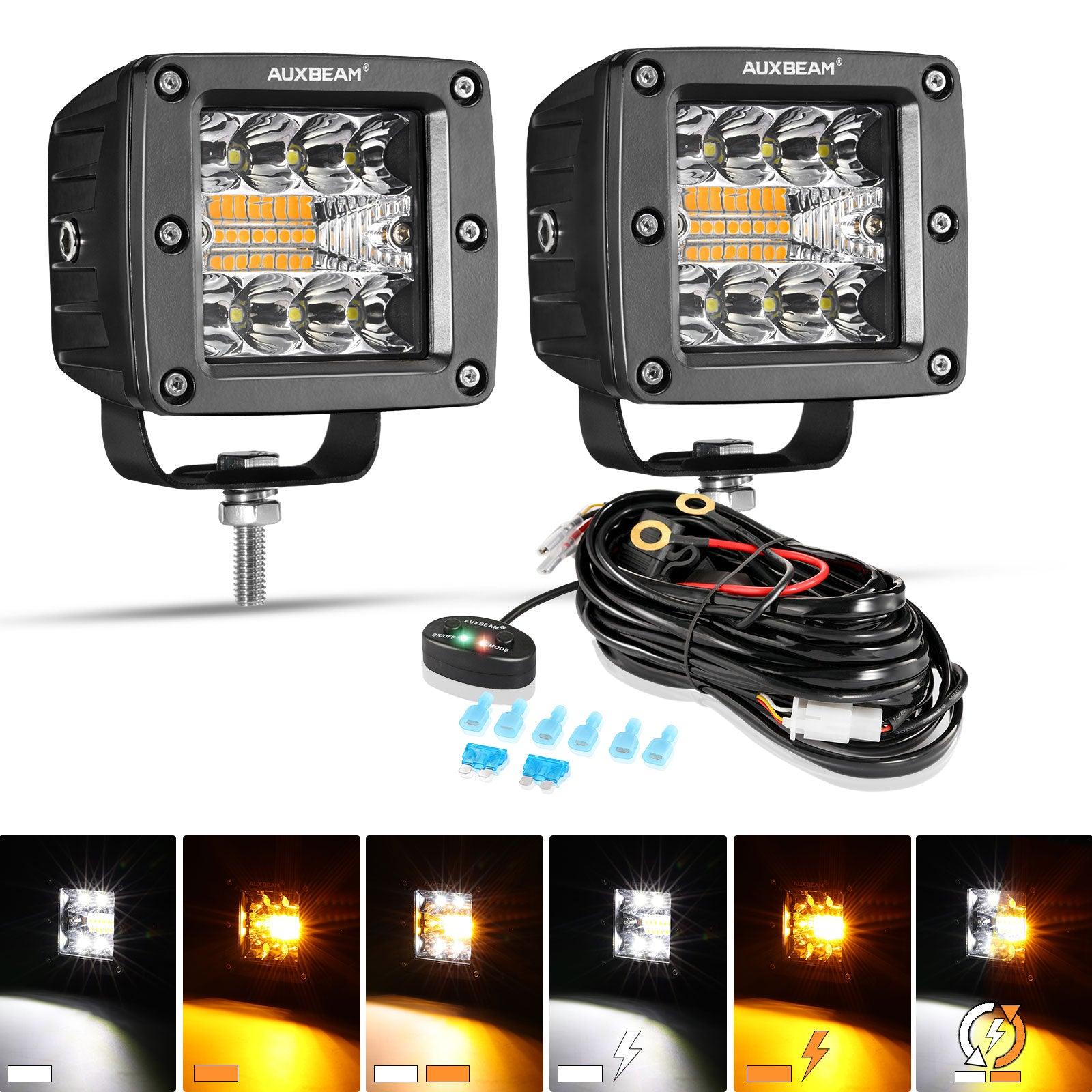 Auxbeam 3" LED Light Pods – White & Amber, 6 Modes, Wiring Harness Included (2-Pack)