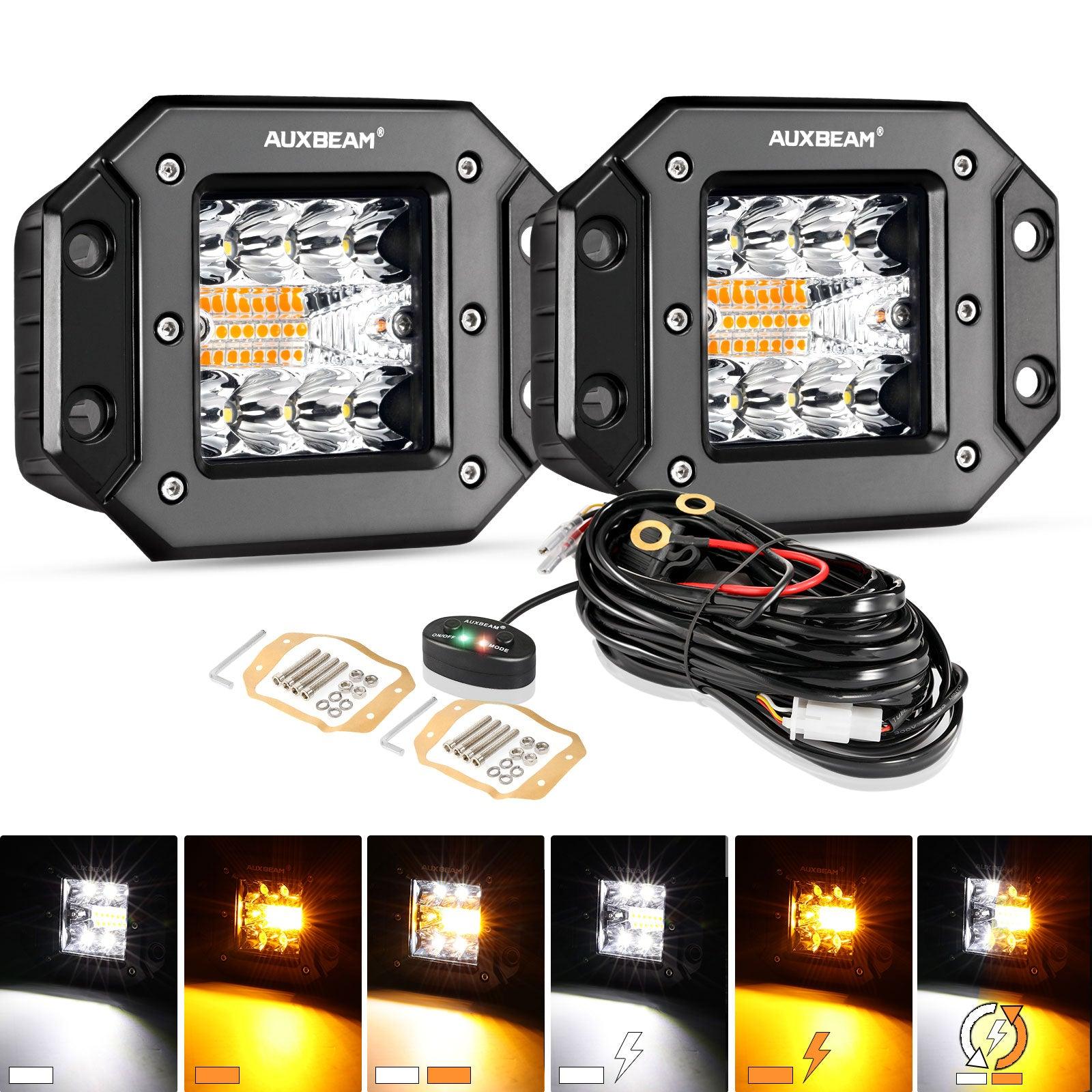 Auxbeam 3" LED Light Pods – White & Amber, 6 Modes, Wiring Harness Included (2-Pack)