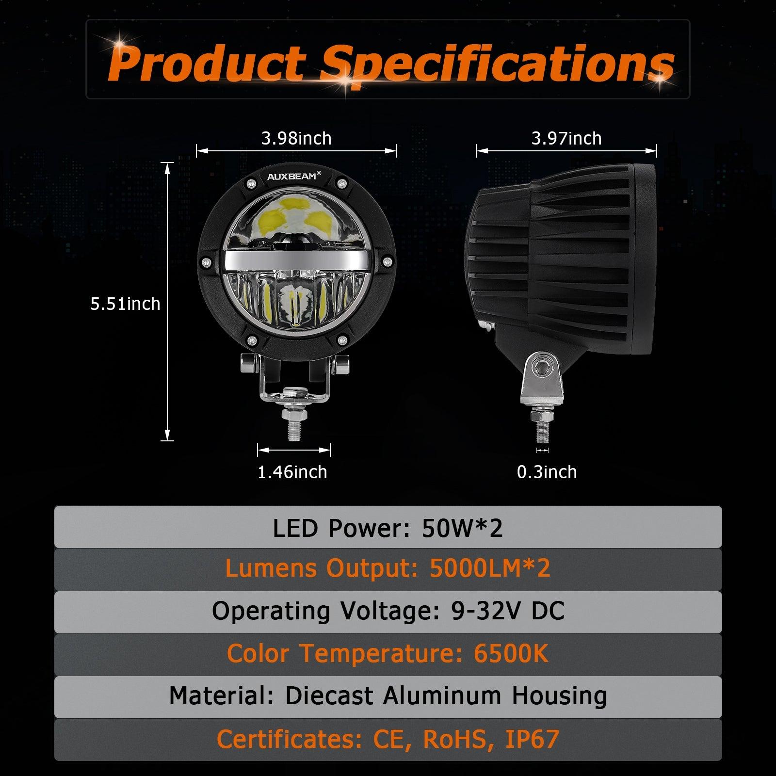 Auxbeam C4 Series 4" LED Driving Lights – 100W, Combo Beam