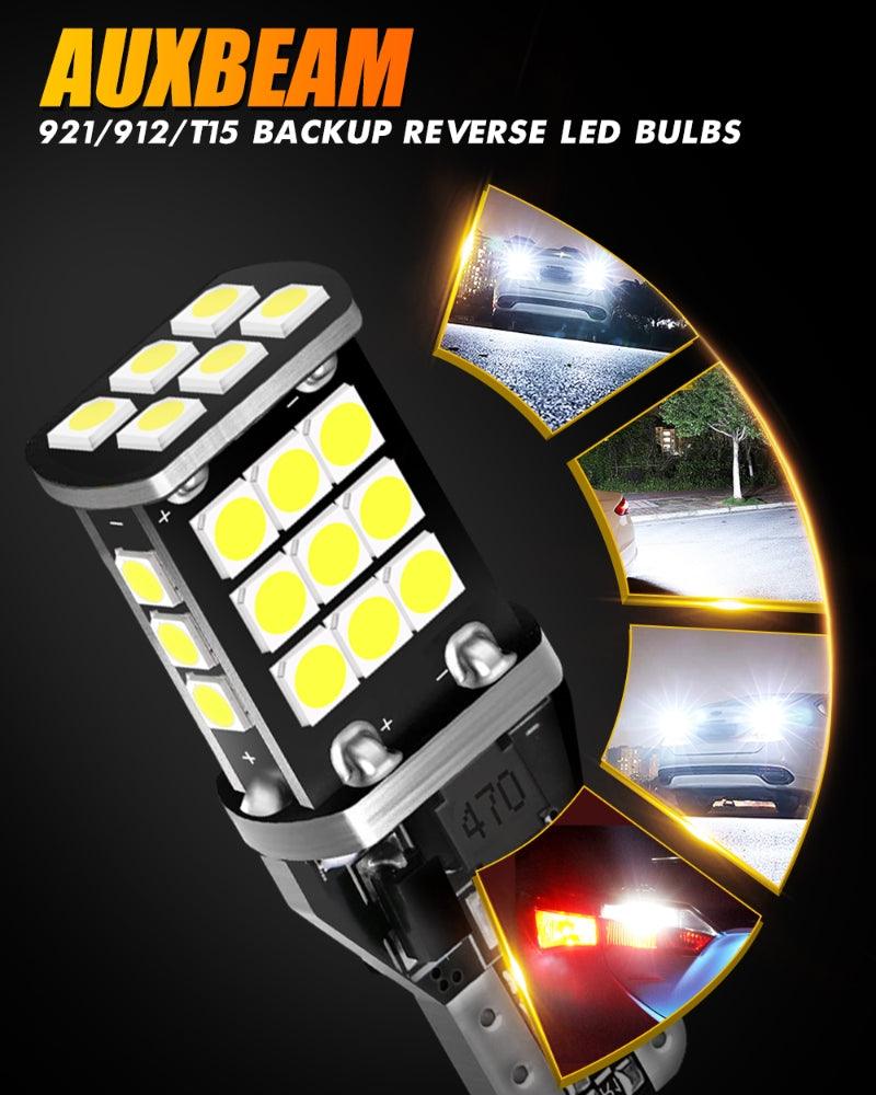 Auxbeam 912/921 T15 W16W LED Backup, Brake & Tail Light Bulbs – 10W, 6500K White, 300% Brighter, CAN-Bus Error-Free (2 Pack)