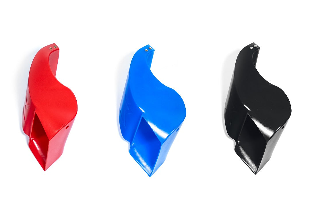 Three intake snorkels for vehicles, displayed in red, blue, and black colors, against a white background.