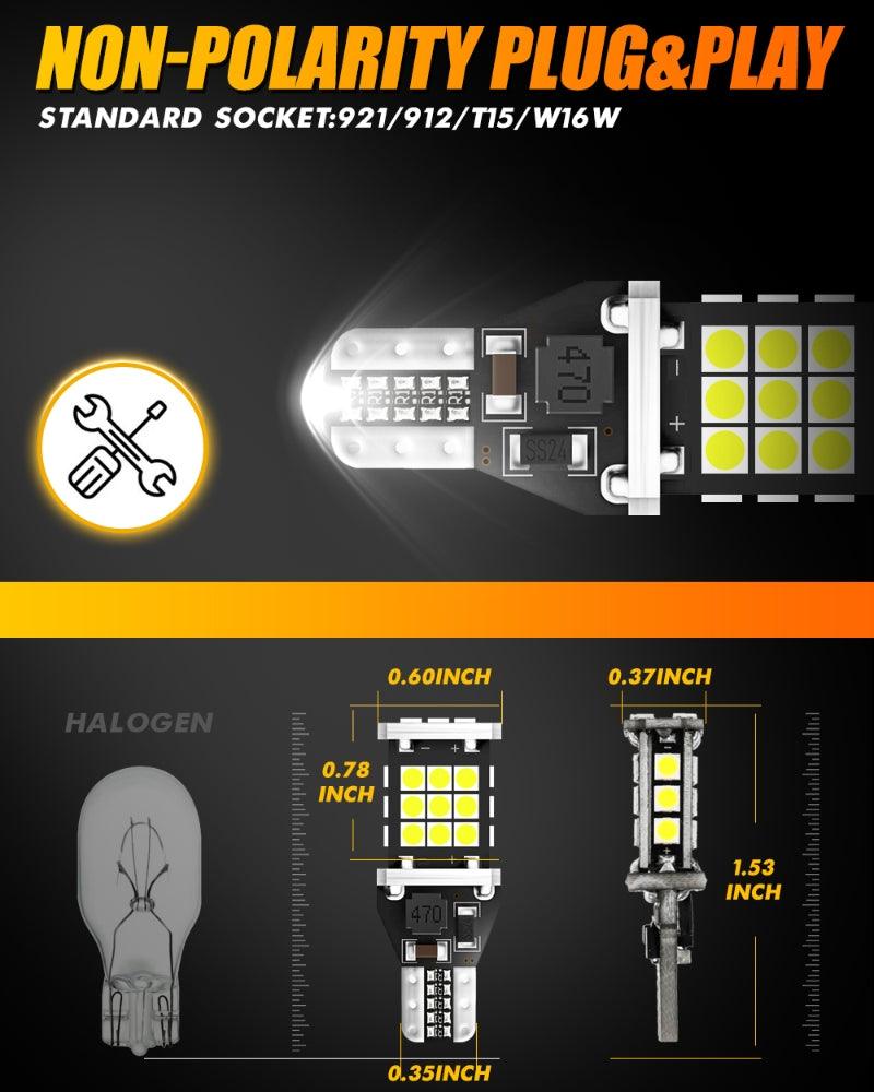 Auxbeam 912/921 T15 W16W LED Backup, Brake & Tail Light Bulbs – 10W, 6500K White, 300% Brighter, CAN-Bus Error-Free (2 Pack)