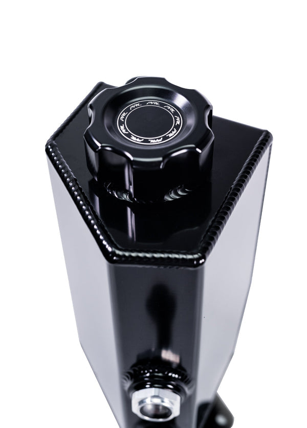 Anodized gloss black aluminum coolant overflow reservoir tank with a billet aluminum cap and sight glass, designed for 2022+ Honda Civic and 2023+ Acura Integra vehicles.