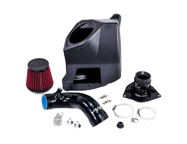 Intake system assembly for Honda Civic including a High Volume Air Box , a red oiled cone filter, silicone hose, and stainless steel hardware.