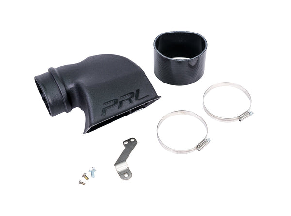 High Volume "Plus" Cold Air Intake cold, accompanied by a silicone intake hose, stainless steel hose clamps, a mounting bracket, and hardware bolts.