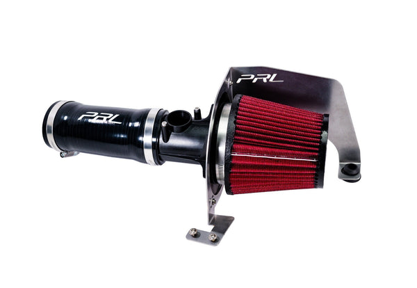 A black short ram intake system with a red 4-inch ID oiled cone filter, labeled with 'PRL'.