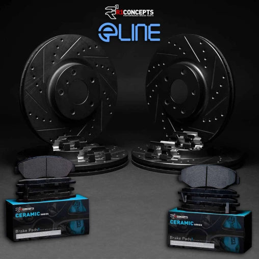 R1 eLINE Black Drilled & Slotted Rotors with CERAMIC Pads and Hardware