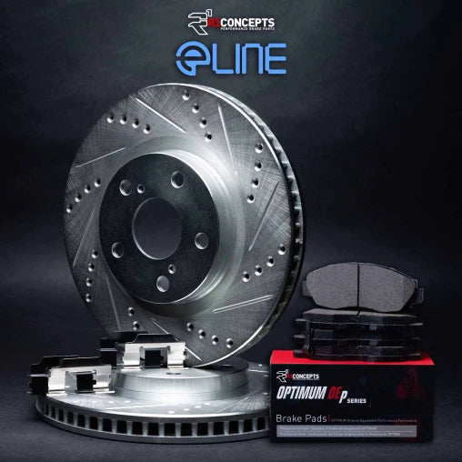 R1 eLINE Silver Drilled & Slotted Rotors with OPTIMUM OEp Pads and Har