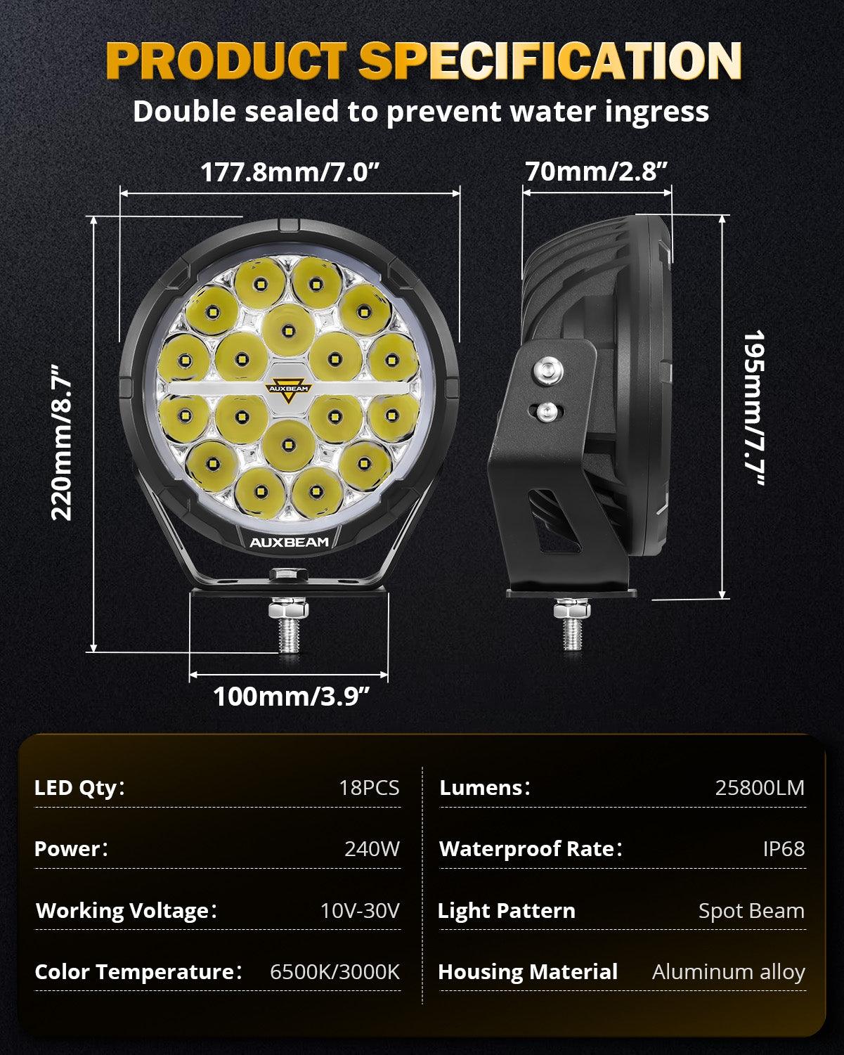 Auxbeam RAY-L Series 7" LED Driving Lights – 240W, 25,800LM, Dual DRL