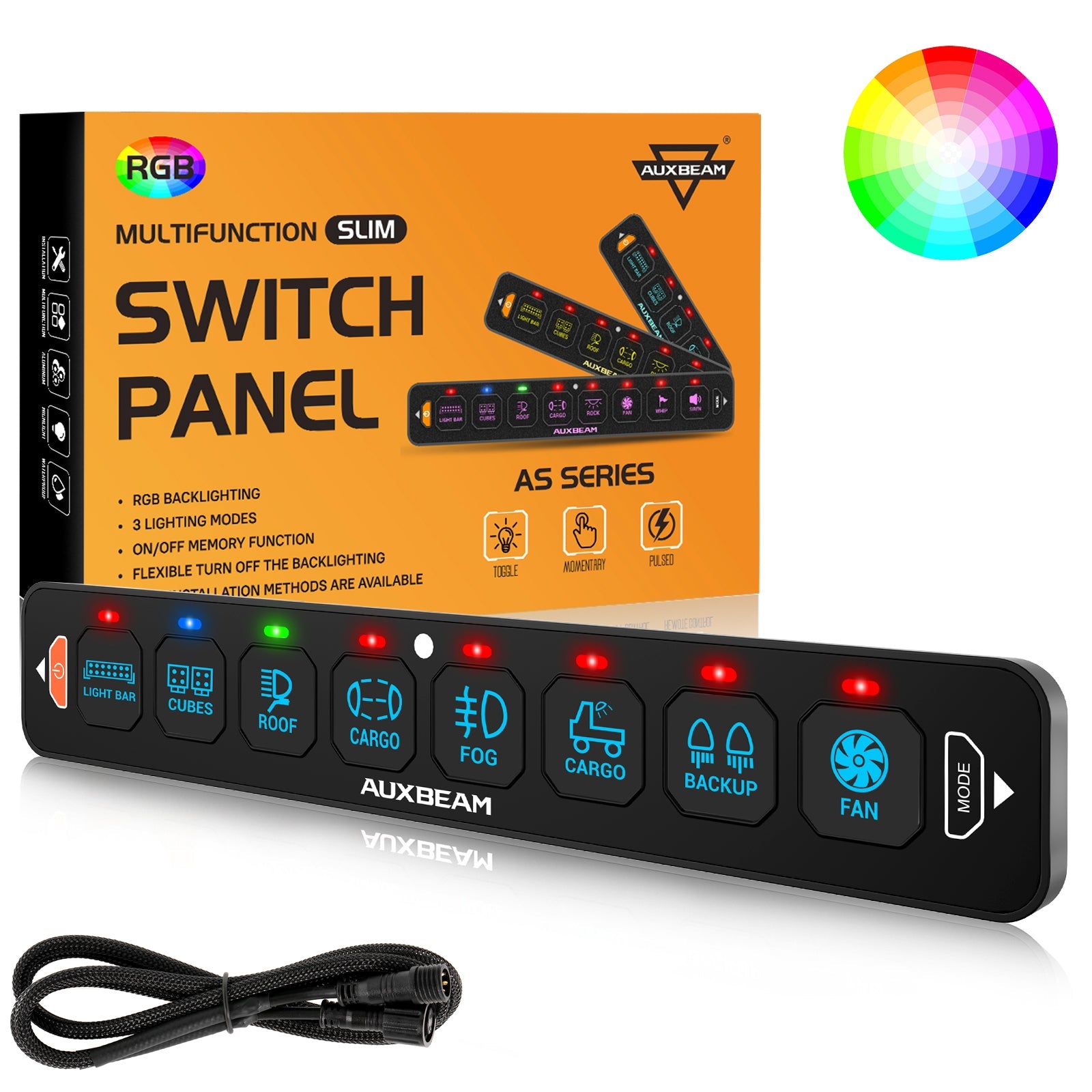 Auxbeam AS Series 4/6/8 Gang RGB Slim Switch Panel with APP & Remote Control, Toggle/ Momentary/ Pulsed Mode Supported(One-Sided Outlet)