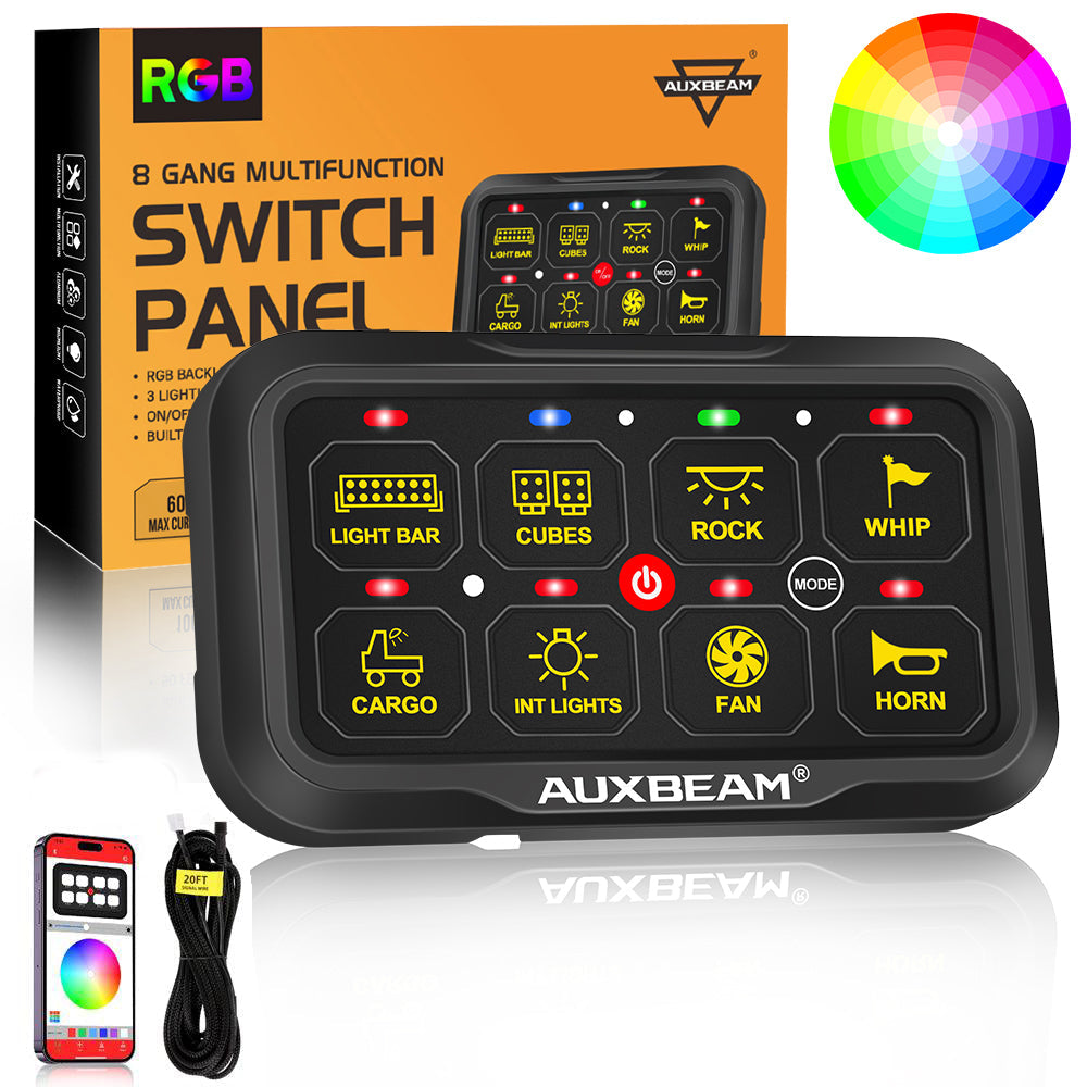 Auxbeam AR Series AR-820 8-Gang RGB Switch Panel – App Control, Toggle/Momentary/Pulsed, Two-Sided Outlet