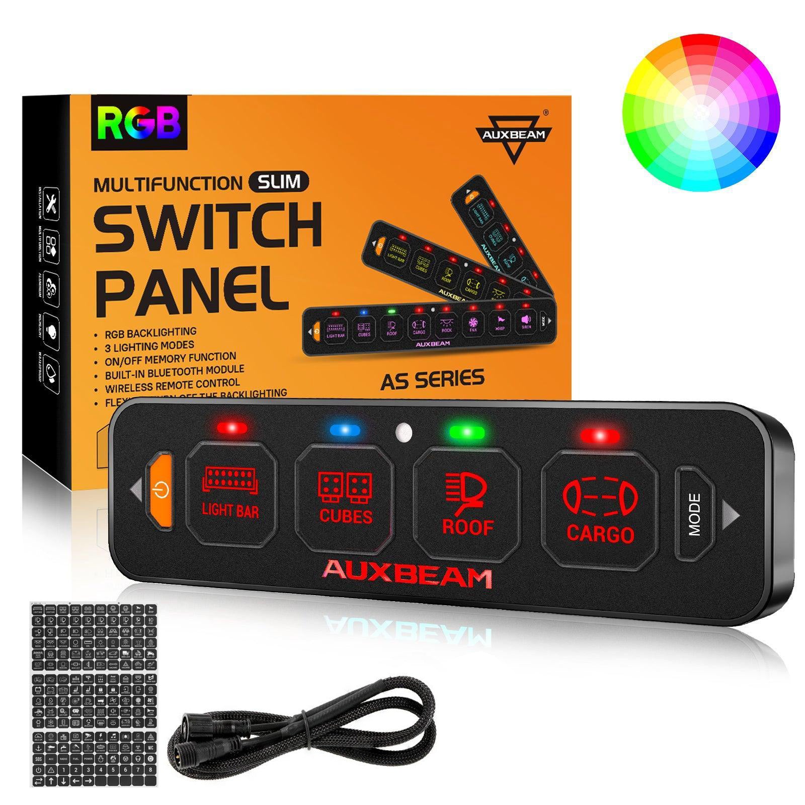 Auxbeam AS Series 4/6/8 Gang RGB Slim Switch Panel with APP & Remote Control, Toggle/ Momentary/ Pulsed Mode Supported(One-Sided Outlet)