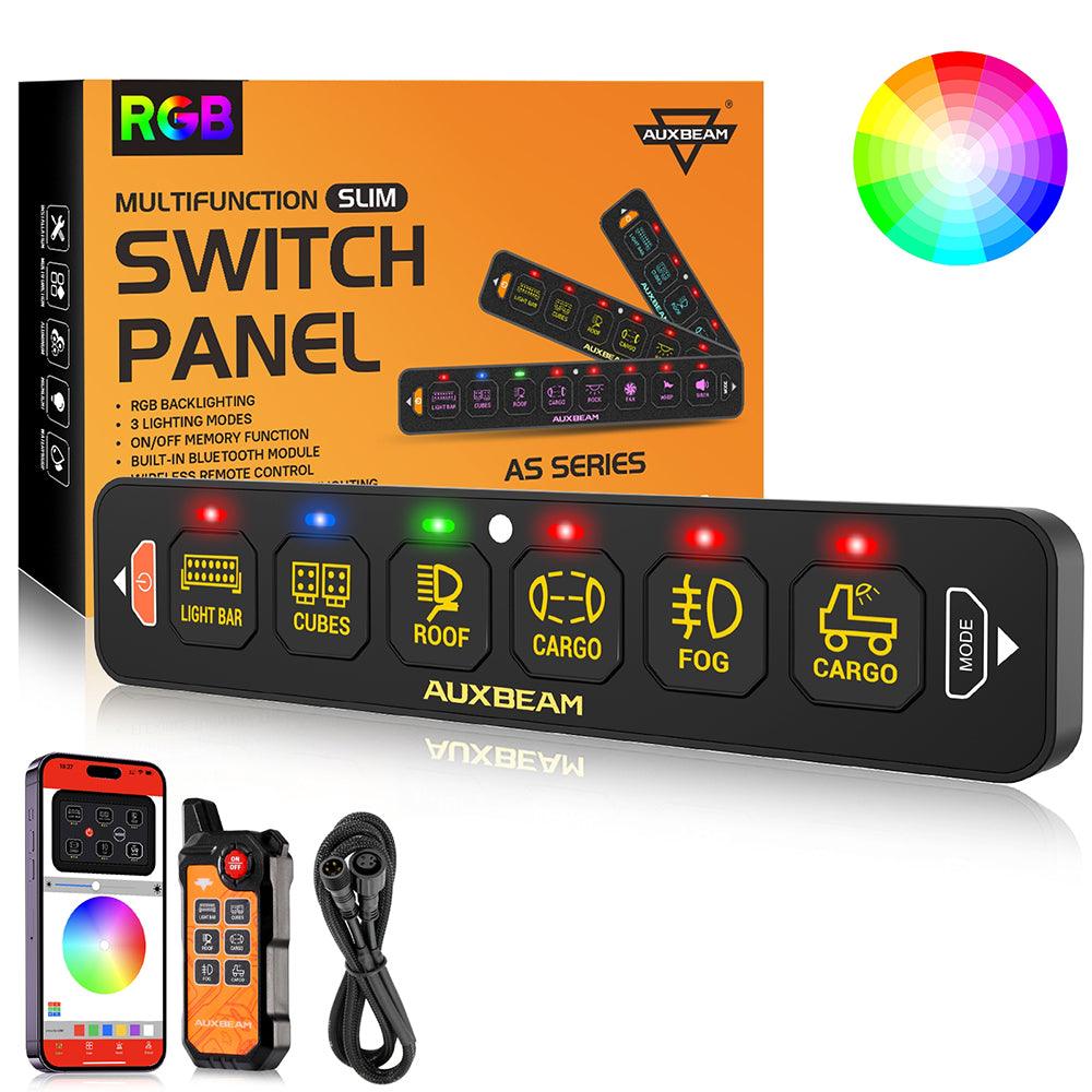 Auxbeam AS Series 4/6/8 Gang RGB Slim Switch Panel with APP & Remote Control, Toggle/ Momentary/ Pulsed Mode Supported(One-Sided Outlet)