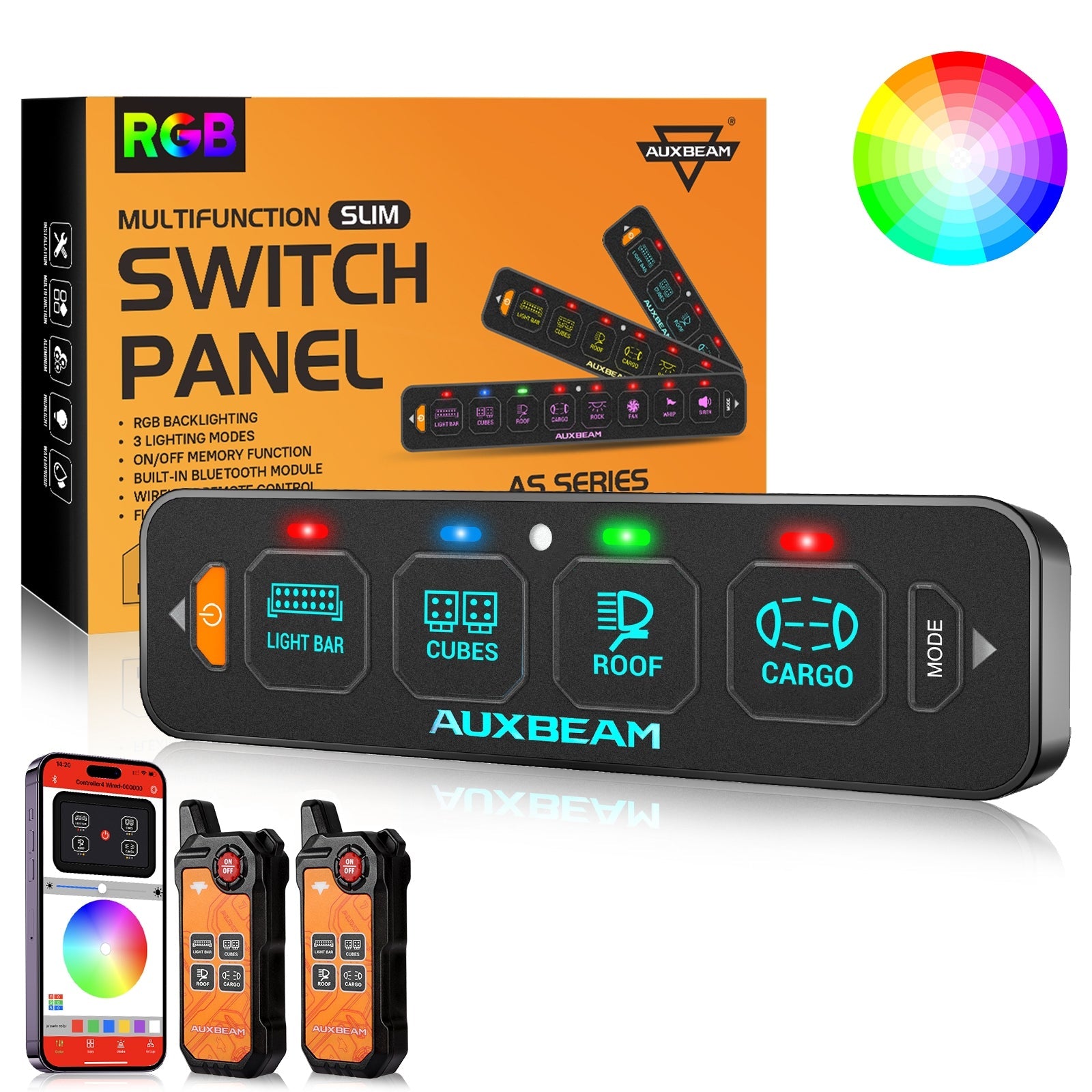 Auxbeam AS Series 4/6/8 Gang RGB Slim Switch Panel with APP & Remote Control, Toggle/ Momentary/ Pulsed Mode Supported(One-Sided Outlet)