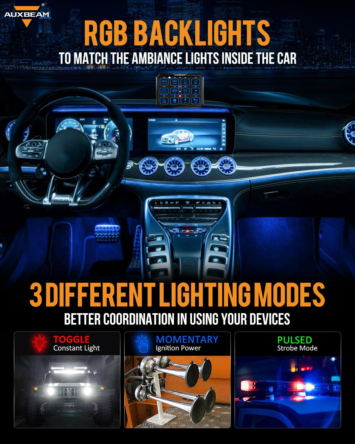 Auxbeam RGB Series 12 Gang (RB120) RGB Switch Panel, Toggle/ Momentary/ Pulsed Mode Supported (Two-Sided Outlet)