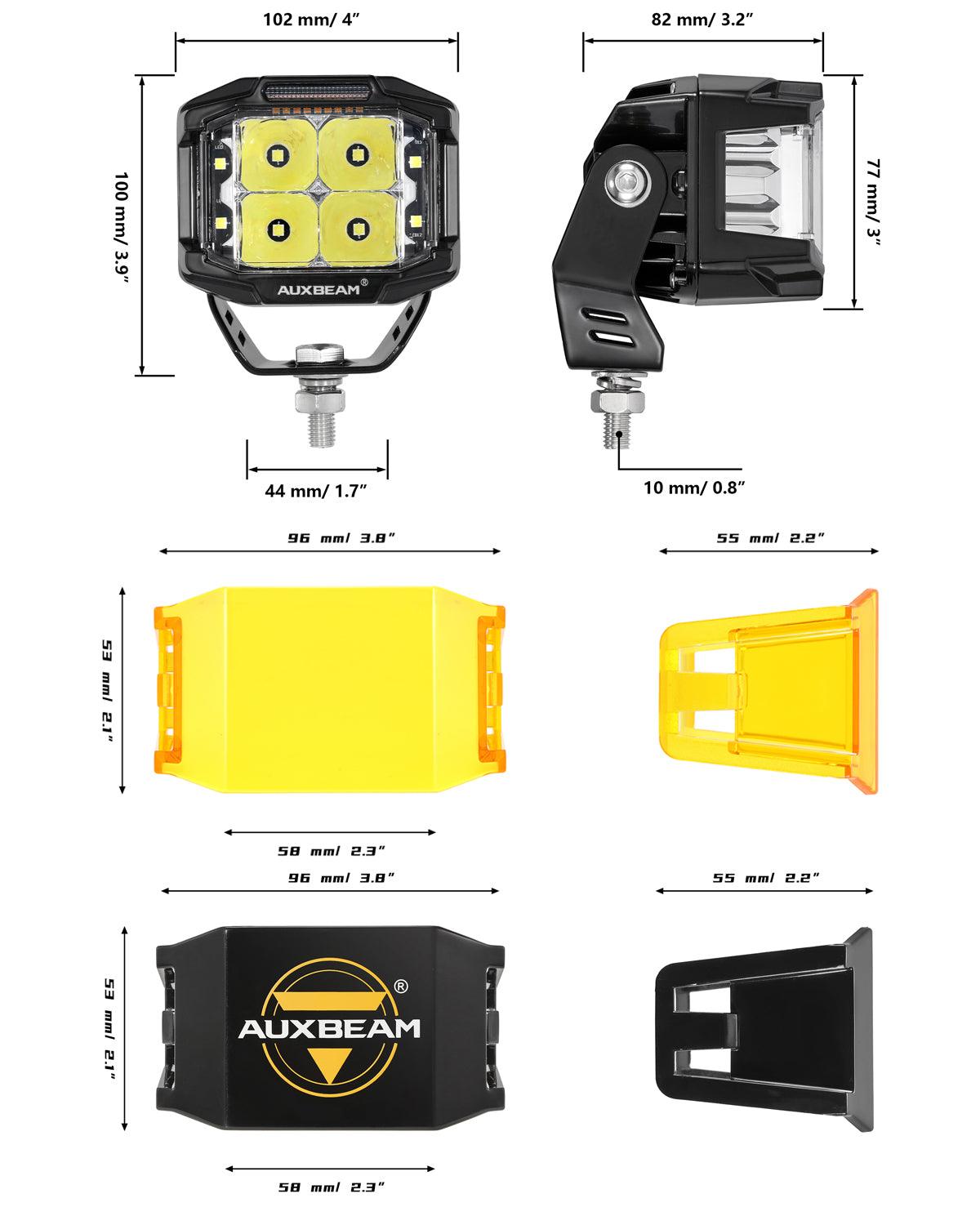 Auxbeam V-MAX Series 4" Square LED Pod Lights – 92W, 8,960LM, Spot Beam, Amber DRL