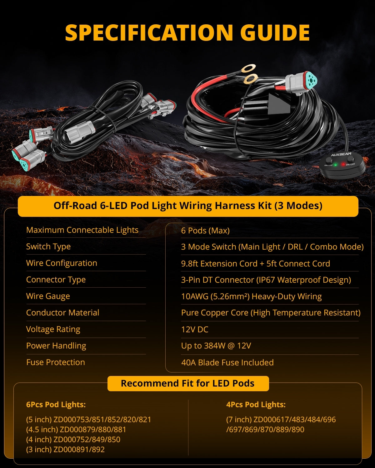 Auxbeam 6-LED Pod Light Wiring Harness Kit – 3-Pin DT Plug