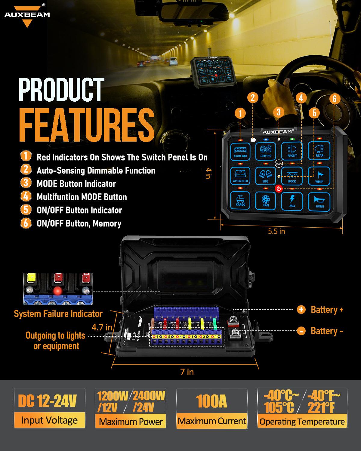 Auxbeam RGB Series 12 Gang (RB120) RGB Switch Panel, Toggle/ Momentary/ Pulsed Mode Supported (Two-Sided Outlet)