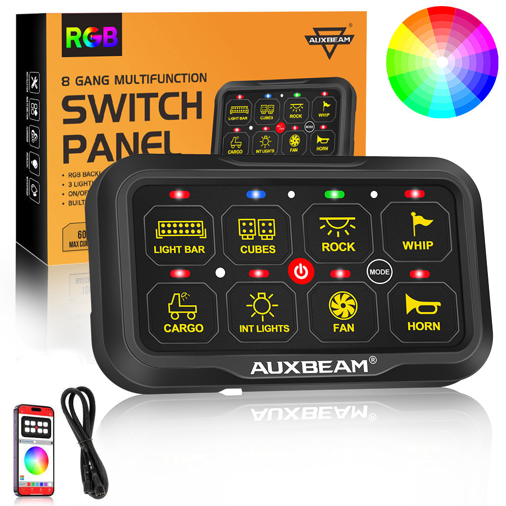 Auxbeam AR Series AR-820 8-Gang RGB Switch Panel – App Control, Toggle/Momentary/Pulsed, Two-Sided Outlet