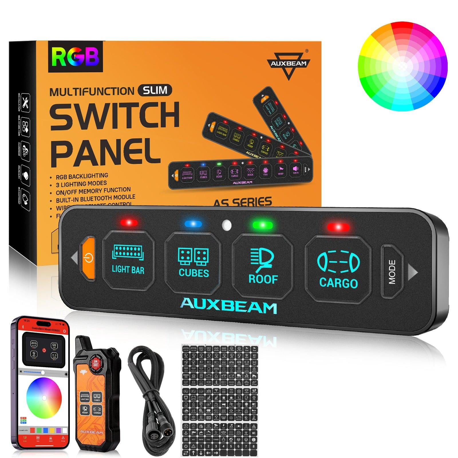 Auxbeam AS Series 4/6/8 Gang RGB Slim Switch Panel with APP & Remote Control, Toggle/ Momentary/ Pulsed Mode Supported(One-Sided Outlet)