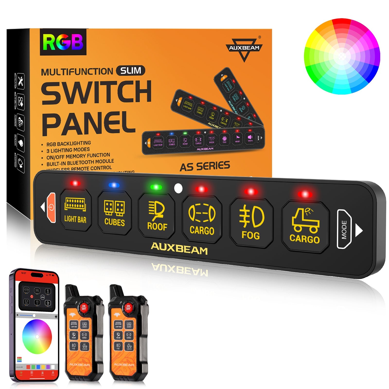 Auxbeam AS Series 4/6/8 Gang RGB Slim Switch Panel with APP & Remote Control, Toggle/ Momentary/ Pulsed Mode Supported(One-Sided Outlet)