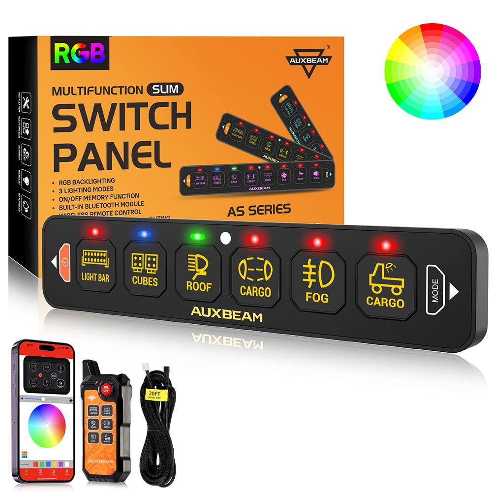 Auxbeam AS Series 4/6/8 Gang RGB Slim Switch Panel with APP & Remote Control, Toggle/ Momentary/ Pulsed Mode Supported(One-Sided Outlet)