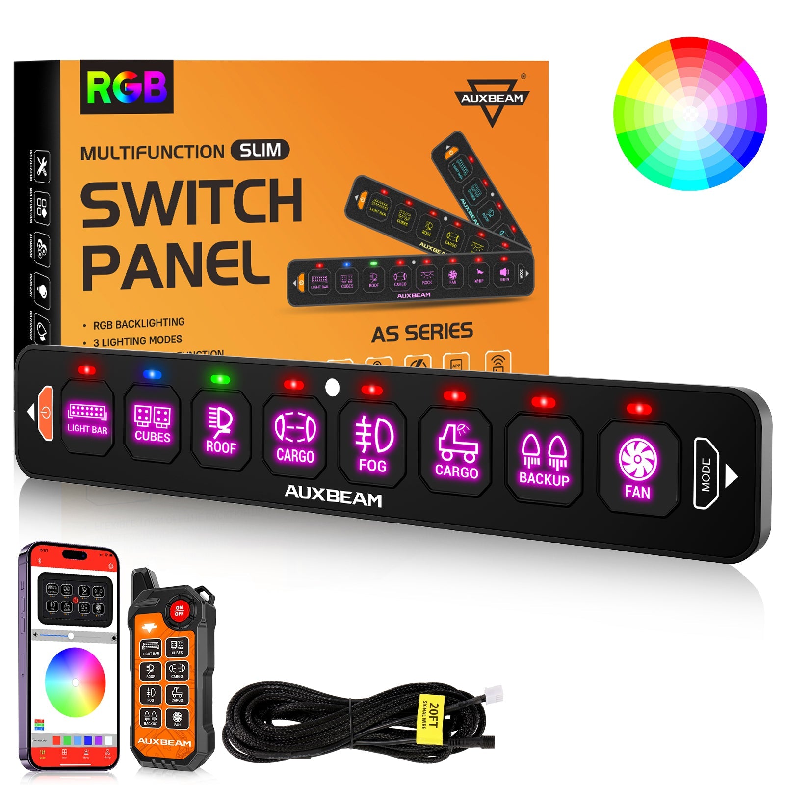 Auxbeam AS Series 4/6/8 Gang RGB Slim Switch Panel with APP & Remote Control, Toggle/ Momentary/ Pulsed Mode Supported(One-Sided Outlet)