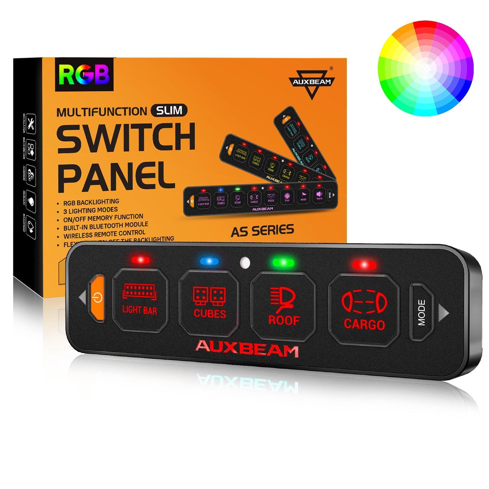 Auxbeam AS Series 4/6/8 Gang RGB Slim Switch Panel with APP & Remote Control, Toggle/ Momentary/ Pulsed Mode Supported(One-Sided Outlet)