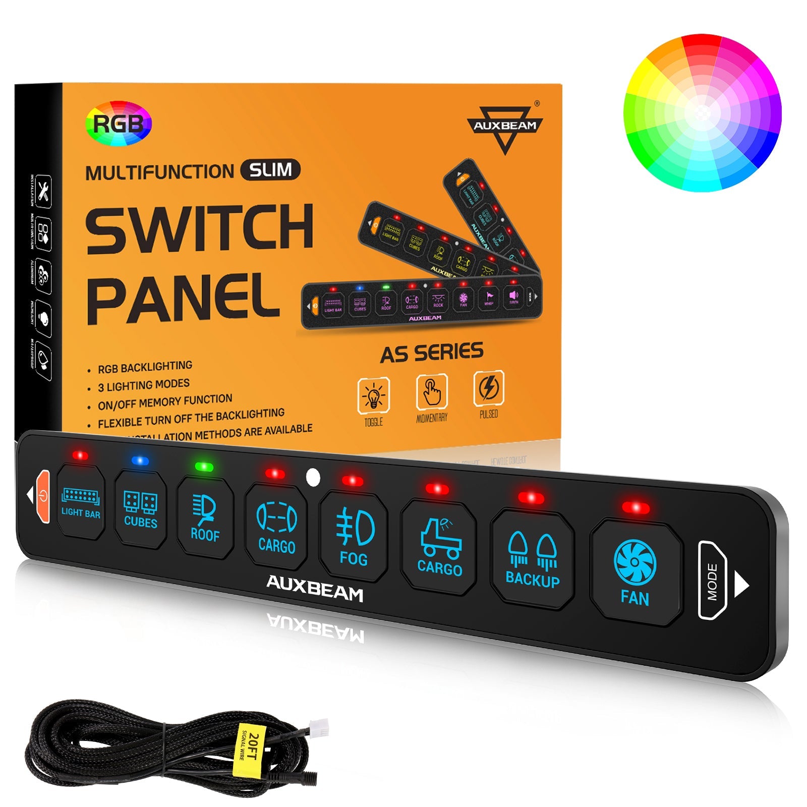 Auxbeam AS Series 4/6/8 Gang RGB Slim Switch Panel with APP & Remote Control, Toggle/ Momentary/ Pulsed Mode Supported(One-Sided Outlet)