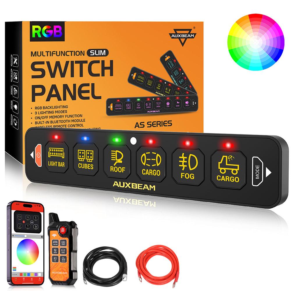 Auxbeam AS Series 4/6/8 Gang RGB Slim Switch Panel with APP & Remote Control, Toggle/ Momentary/ Pulsed Mode Supported(One-Sided Outlet)