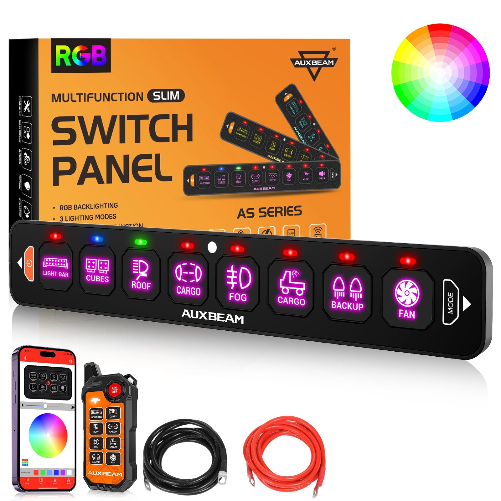 Auxbeam AS Series 4/6/8 Gang RGB Slim Switch Panel with APP & Remote Control, Toggle/ Momentary/ Pulsed Mode Supported(One-Sided Outlet)