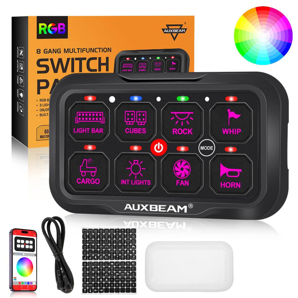 Auxbeam AR Series AR-800 8-Gang RGB Switch Panel – App Control, Toggle/Momentary/Pulsed, One-Sided Outlet
