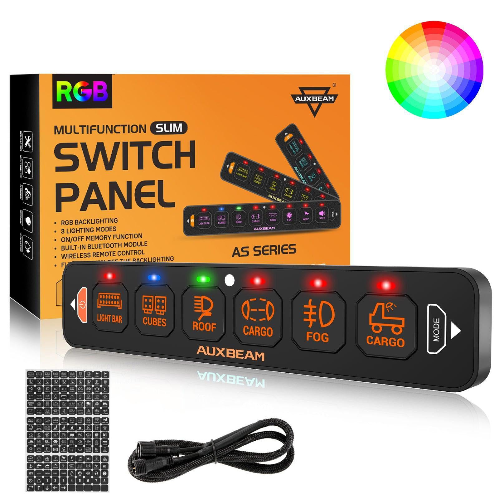 Auxbeam AS Series 4/6/8 Gang RGB Slim Switch Panel with APP & Remote Control, Toggle/ Momentary/ Pulsed Mode Supported(One-Sided Outlet)