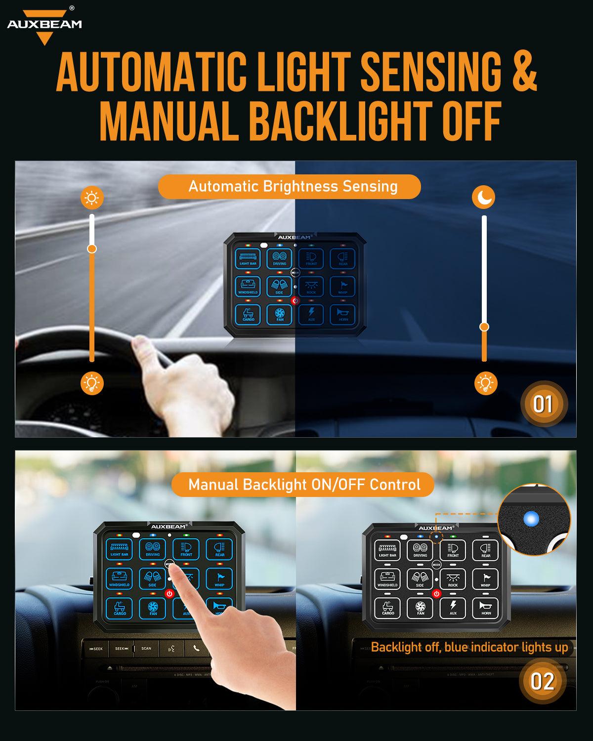 Auxbeam RGB Series 12 Gang (RB120) RGB Switch Panel, Toggle/ Momentary/ Pulsed Mode Supported (Two-Sided Outlet)