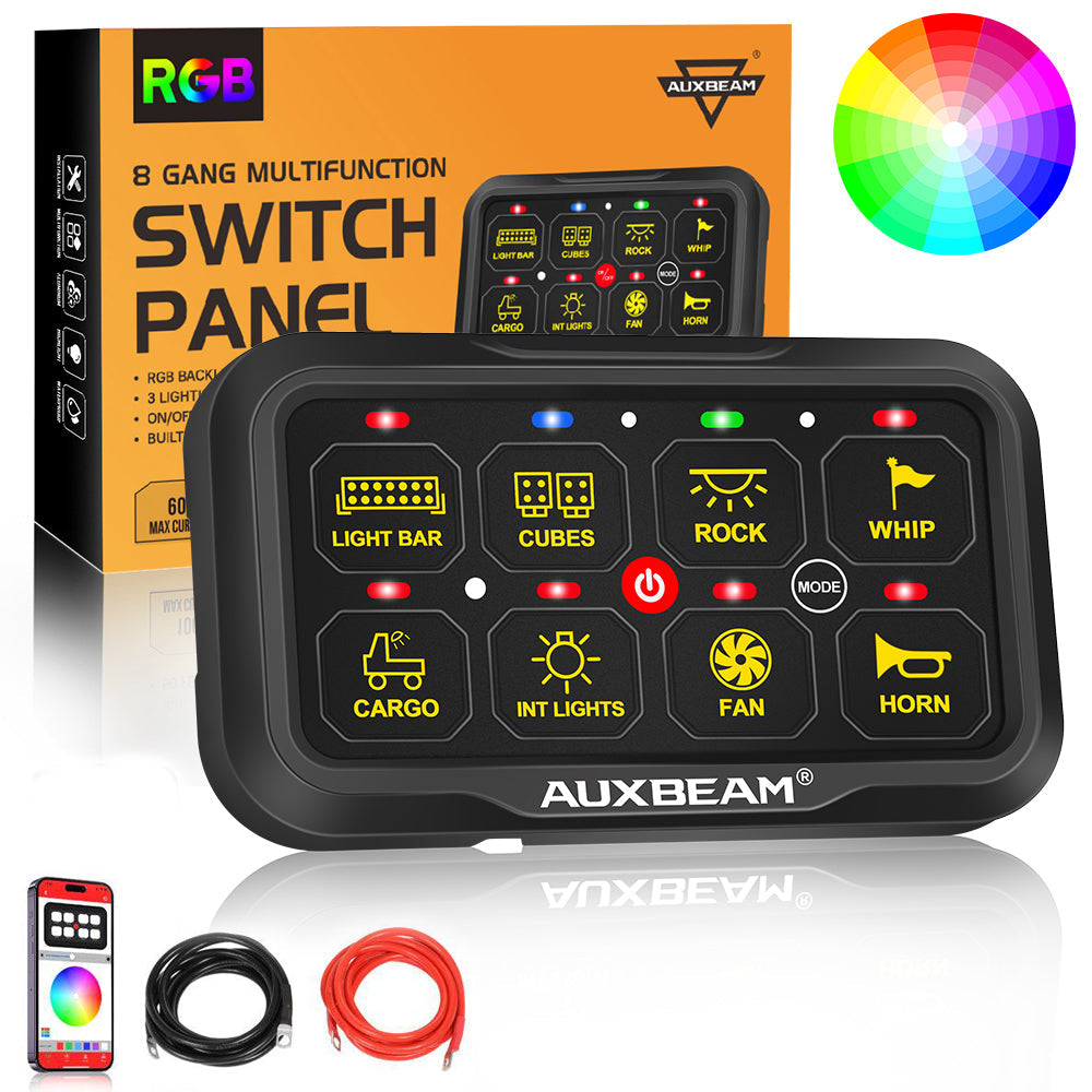Auxbeam AR Series AR-820 8-Gang RGB Switch Panel – App Control, Toggle/Momentary/Pulsed, Two-Sided Outlet