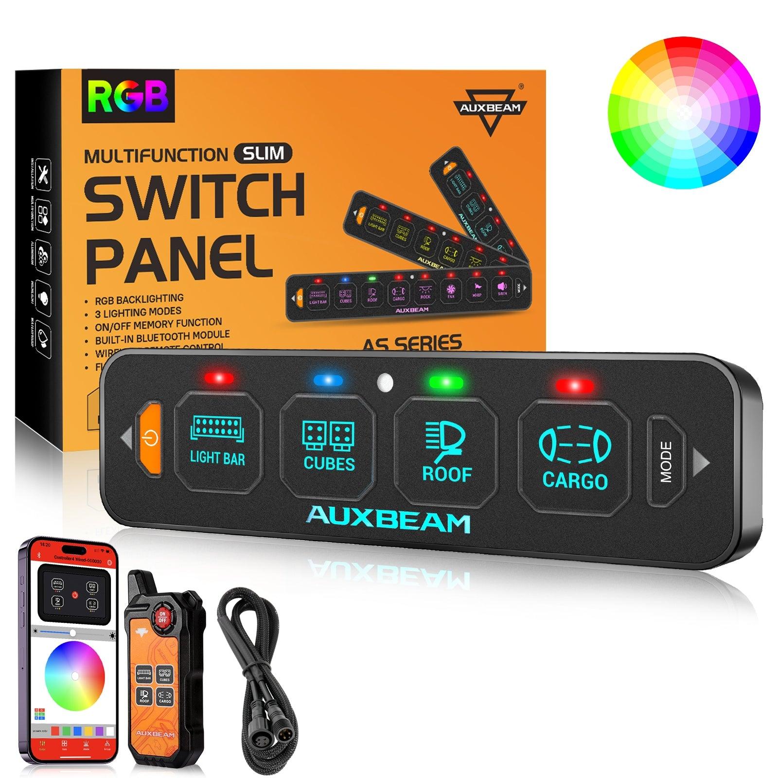 Auxbeam AS Series 4/6/8 Gang RGB Slim Switch Panel with APP & Remote Control, Toggle/ Momentary/ Pulsed Mode Supported(One-Sided Outlet)