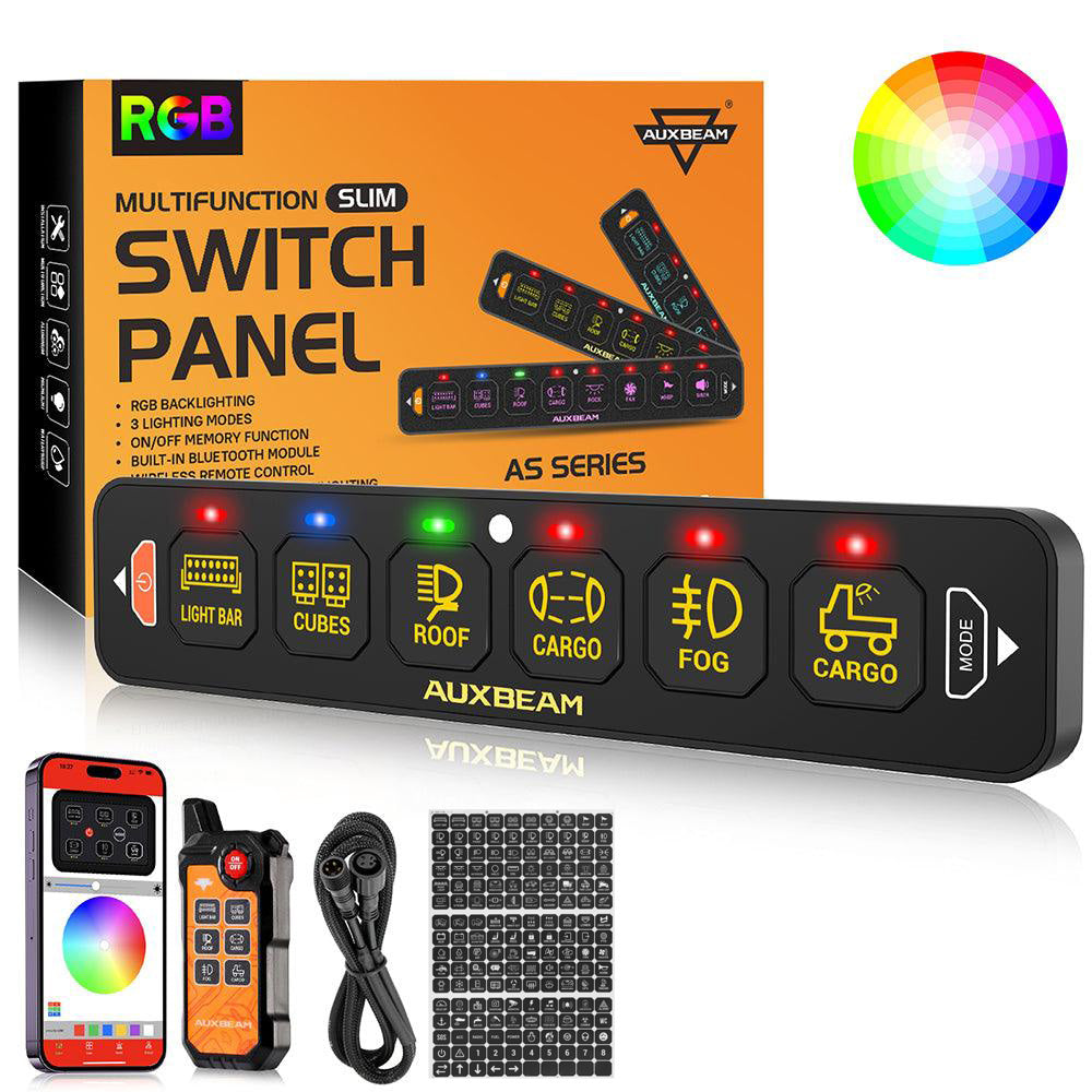 Auxbeam AS Series 4/6/8 Gang RGB Slim Switch Panel with APP & Remote Control, Toggle/ Momentary/ Pulsed Mode Supported(One-Sided Outlet)