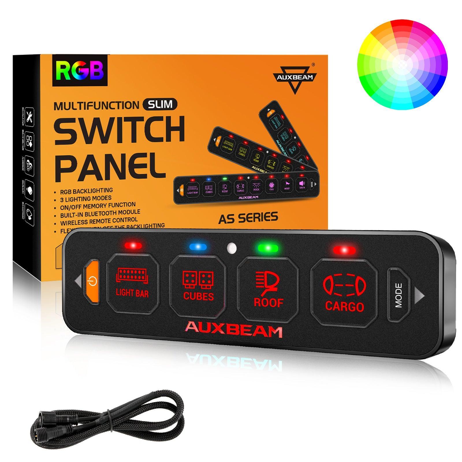 Auxbeam AS Series 4/6/8 Gang RGB Slim Switch Panel with APP & Remote Control, Toggle/ Momentary/ Pulsed Mode Supported(One-Sided Outlet)