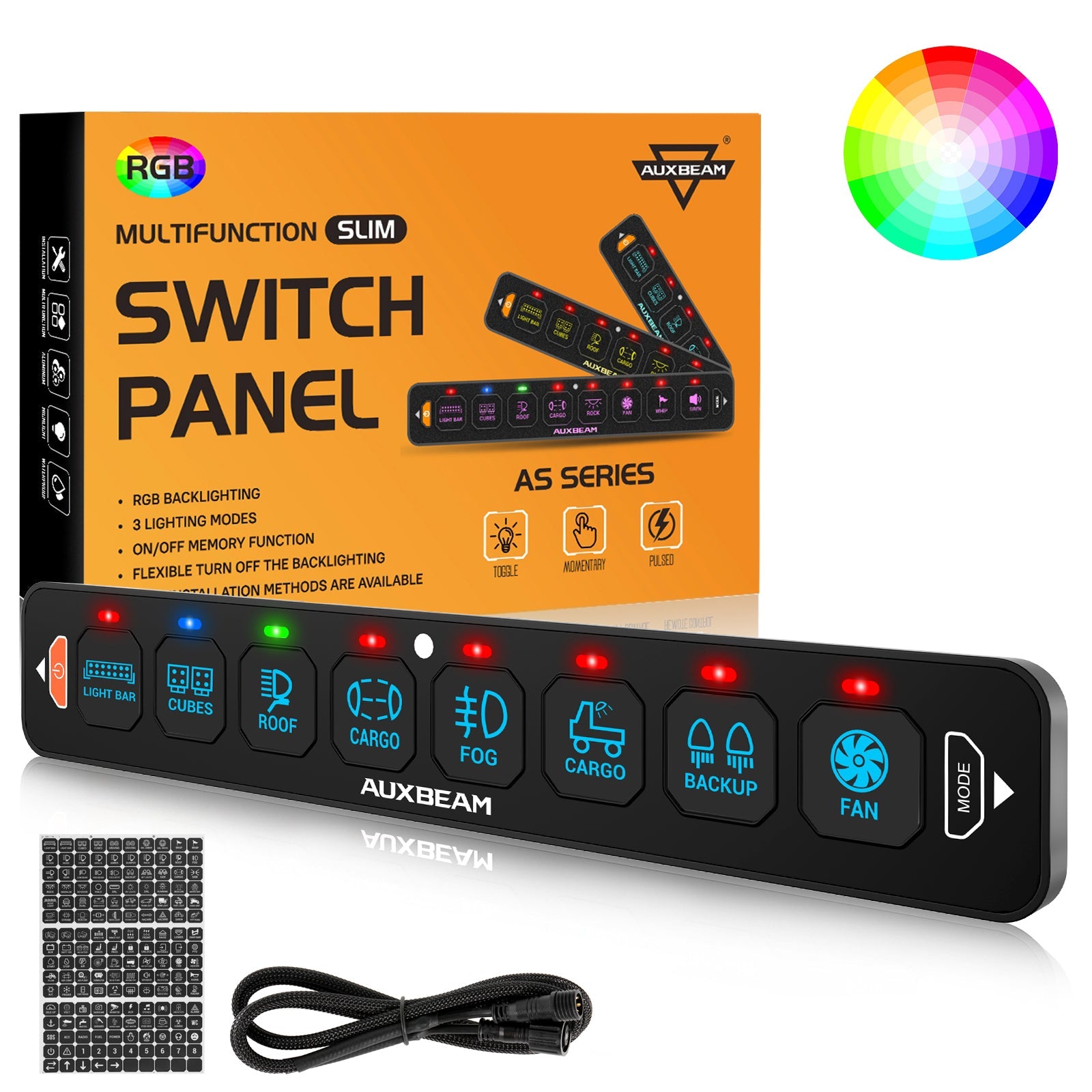 Auxbeam AS Series 4/6/8 Gang RGB Slim Switch Panel with APP & Remote Control, Toggle/ Momentary/ Pulsed Mode Supported(One-Sided Outlet)