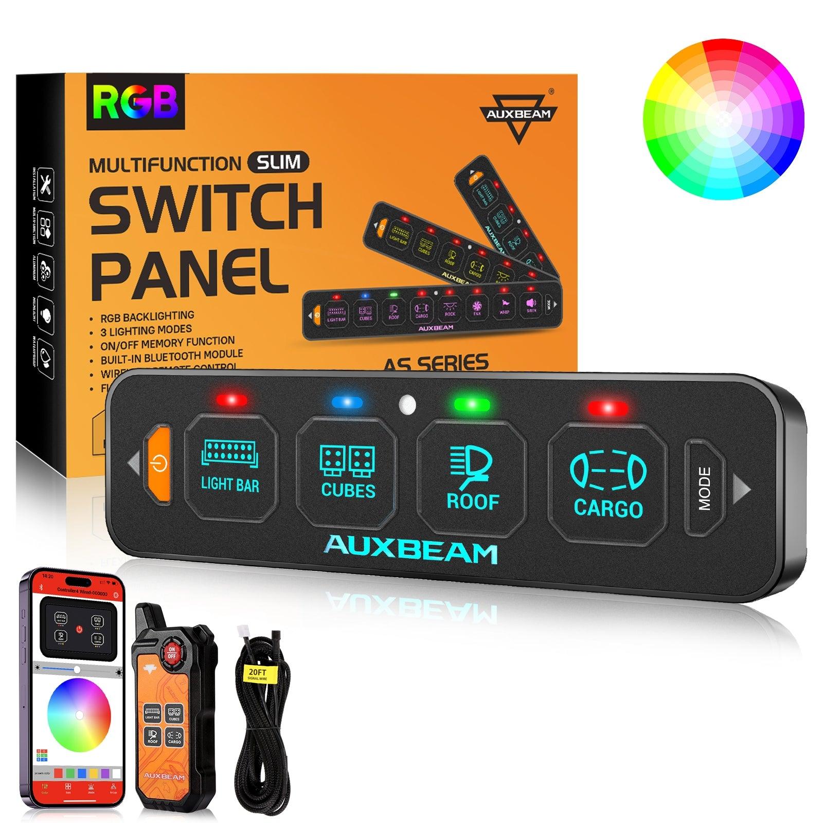 Auxbeam AS Series 4/6/8 Gang RGB Slim Switch Panel with APP & Remote Control, Toggle/ Momentary/ Pulsed Mode Supported(One-Sided Outlet)