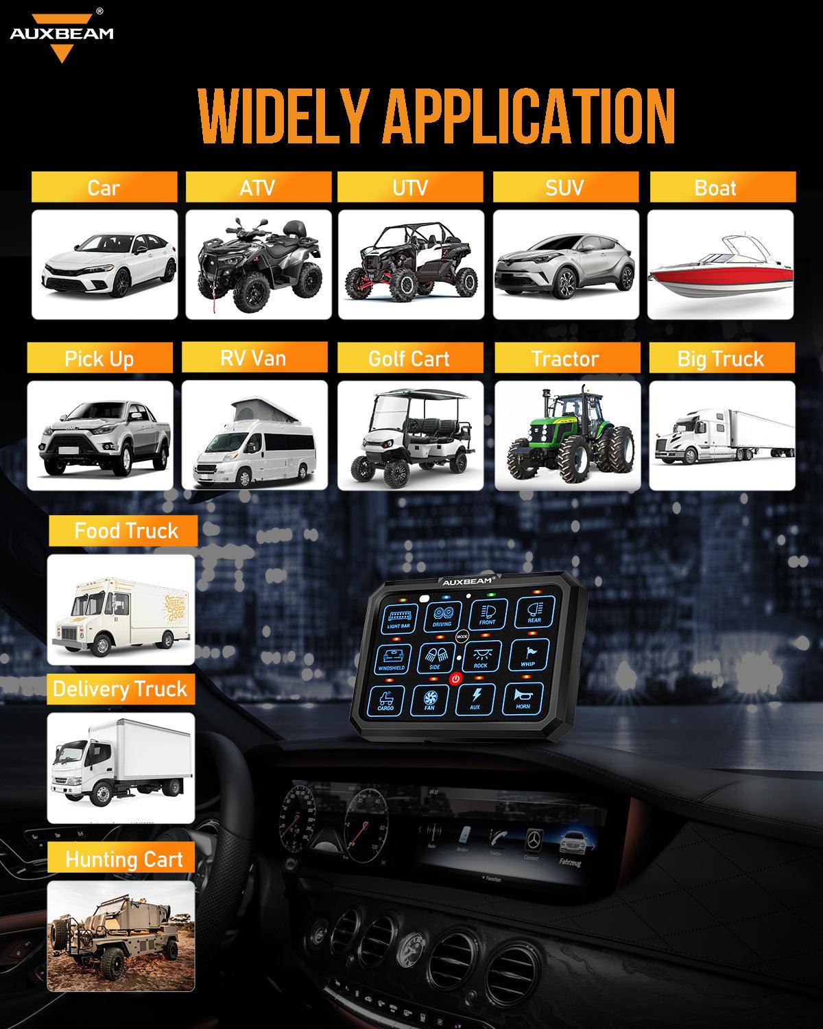 Auxbeam RGB Series 12 Gang (RB120) RGB Switch Panel, Toggle/ Momentary/ Pulsed Mode Supported (Two-Sided Outlet)